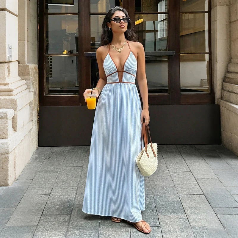 Striped Deep V-Neck Beach Dress