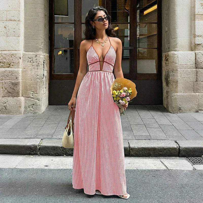 Striped Deep V-Neck Beach Dress