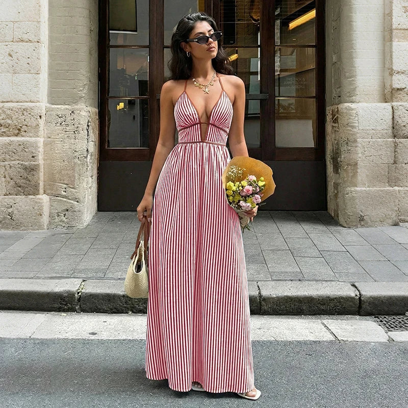Striped Deep V-Neck Beach Dress