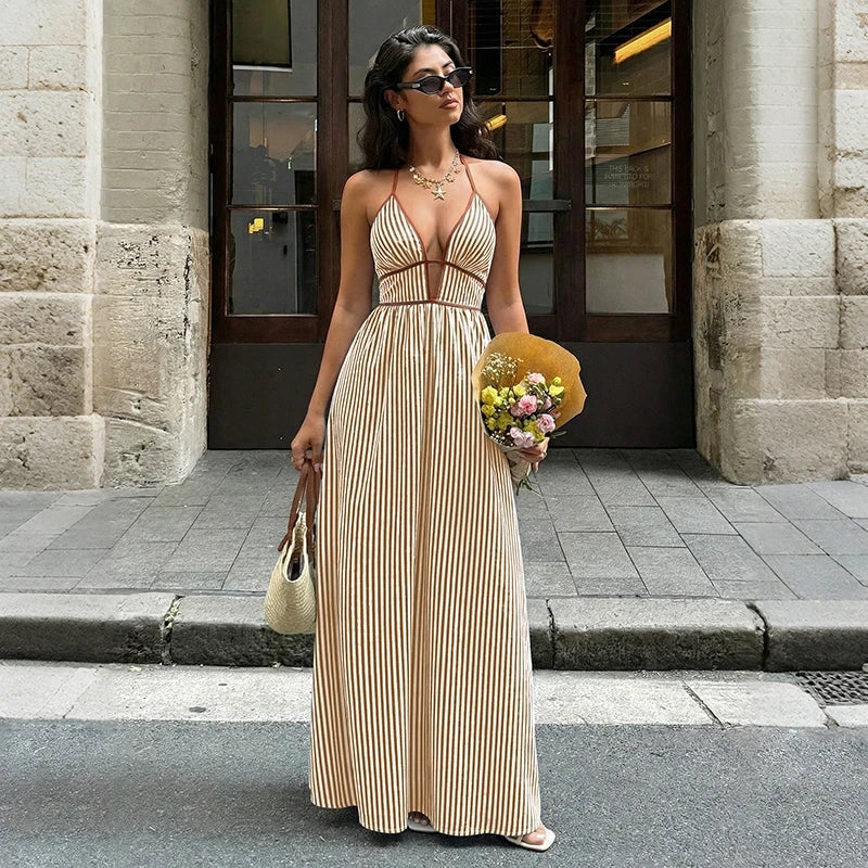 Striped Deep V-Neck Beach Dress