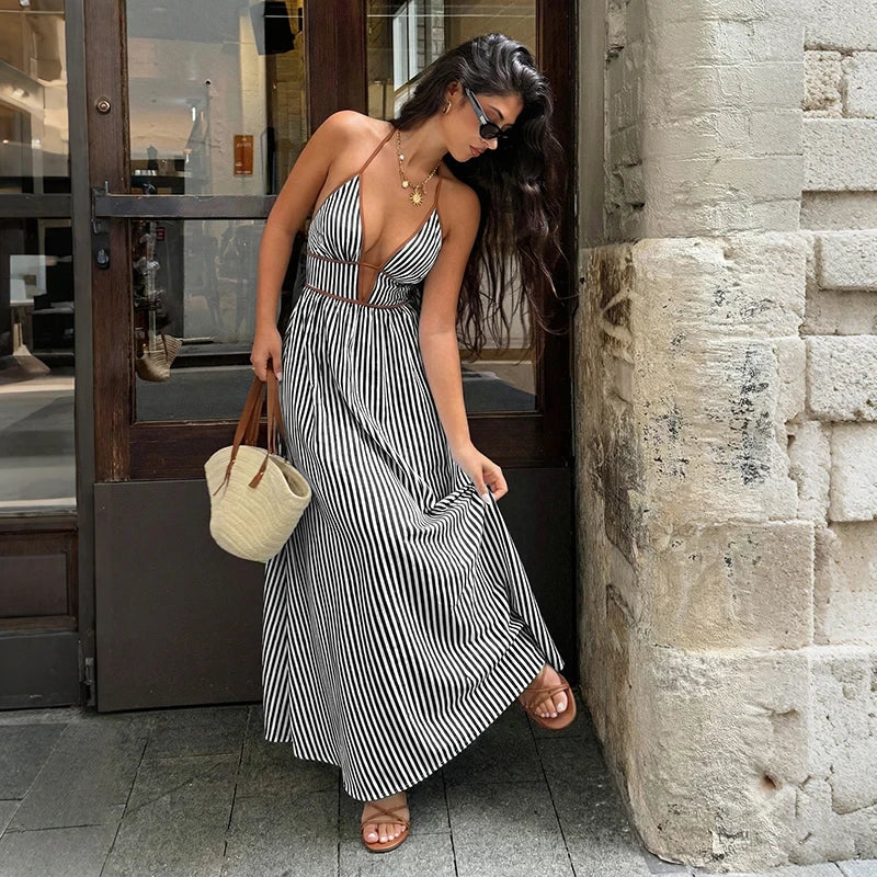 Striped Deep V-Neck Beach Dress
